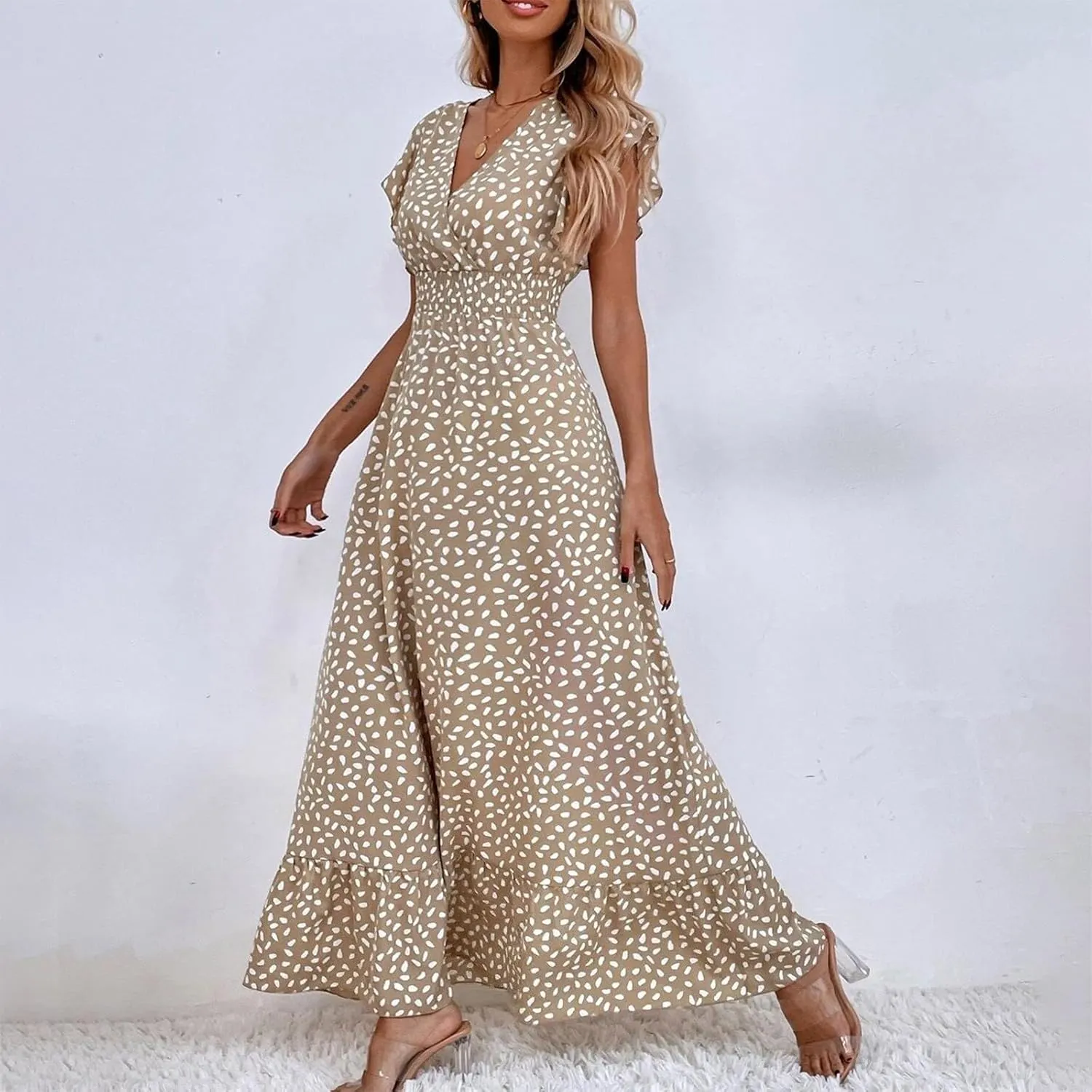 Boho Dresses for Women 2024 Summer Floral Print V Neck Maxi High Waist Wrap Dress Hawaiian Beach Flowy Dress