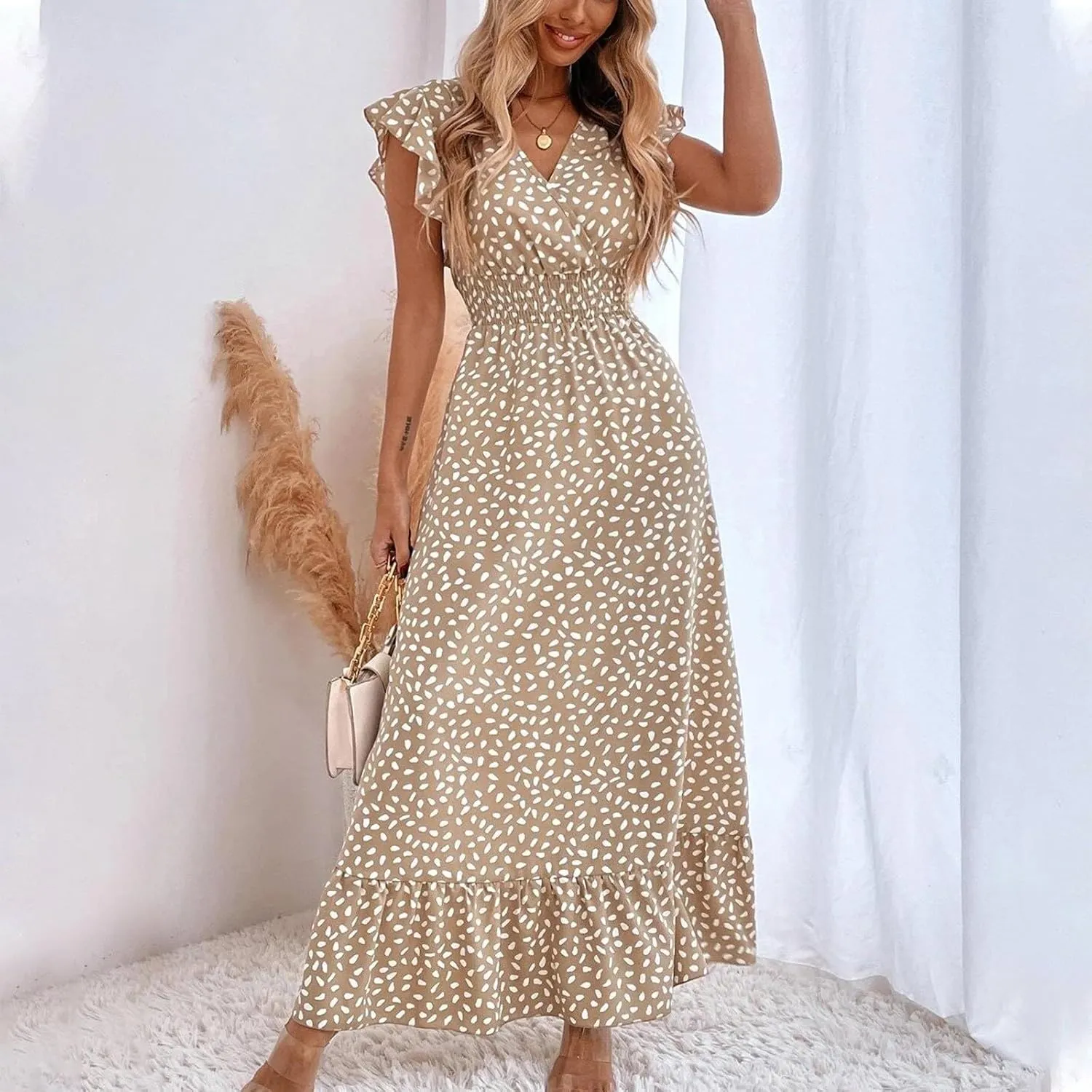 Boho Dresses for Women 2024 Summer Floral Print V Neck Maxi High Waist Wrap Dress Hawaiian Beach Flowy Dress