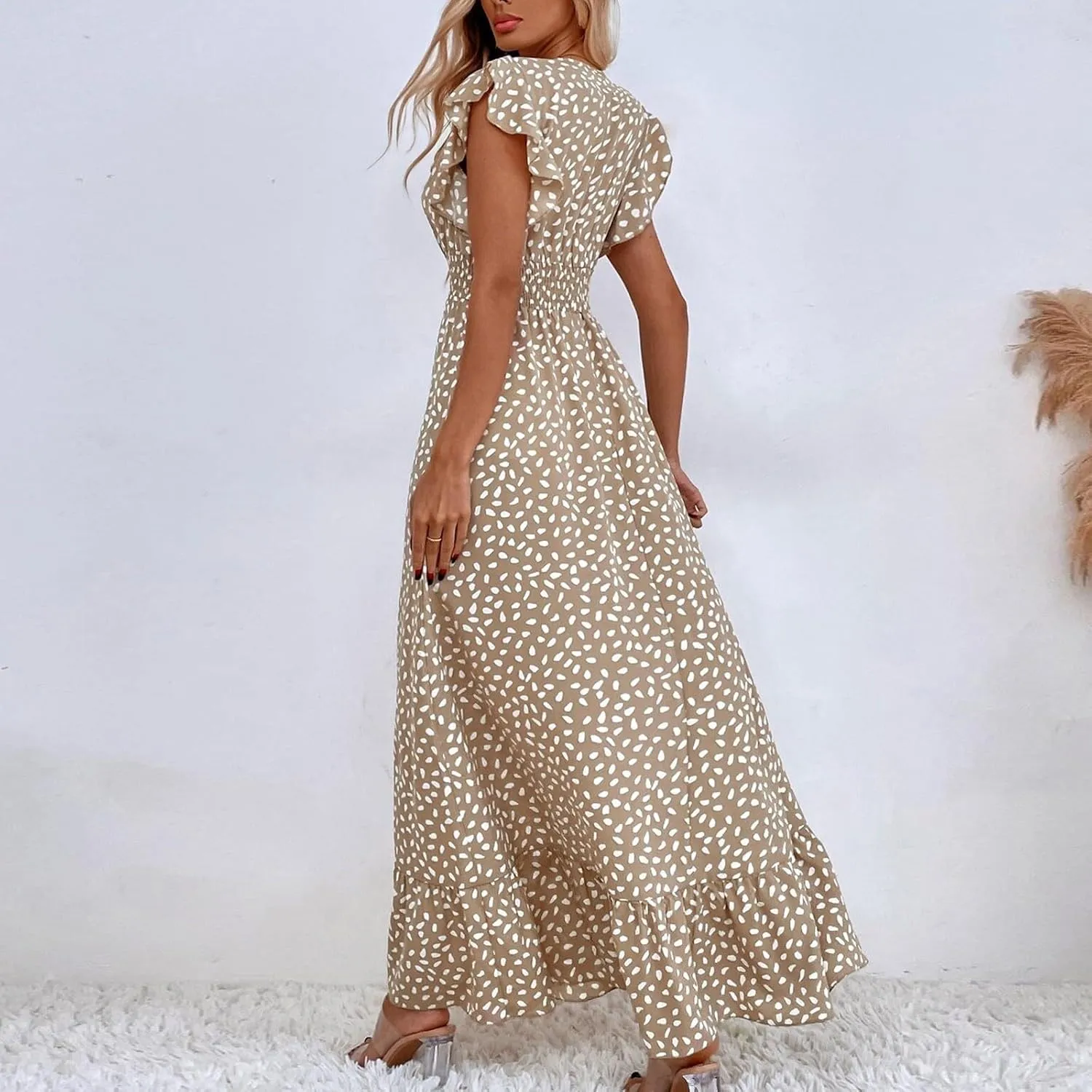 Boho Dresses for Women 2024 Summer Floral Print V Neck Maxi High Waist Wrap Dress Hawaiian Beach Flowy Dress