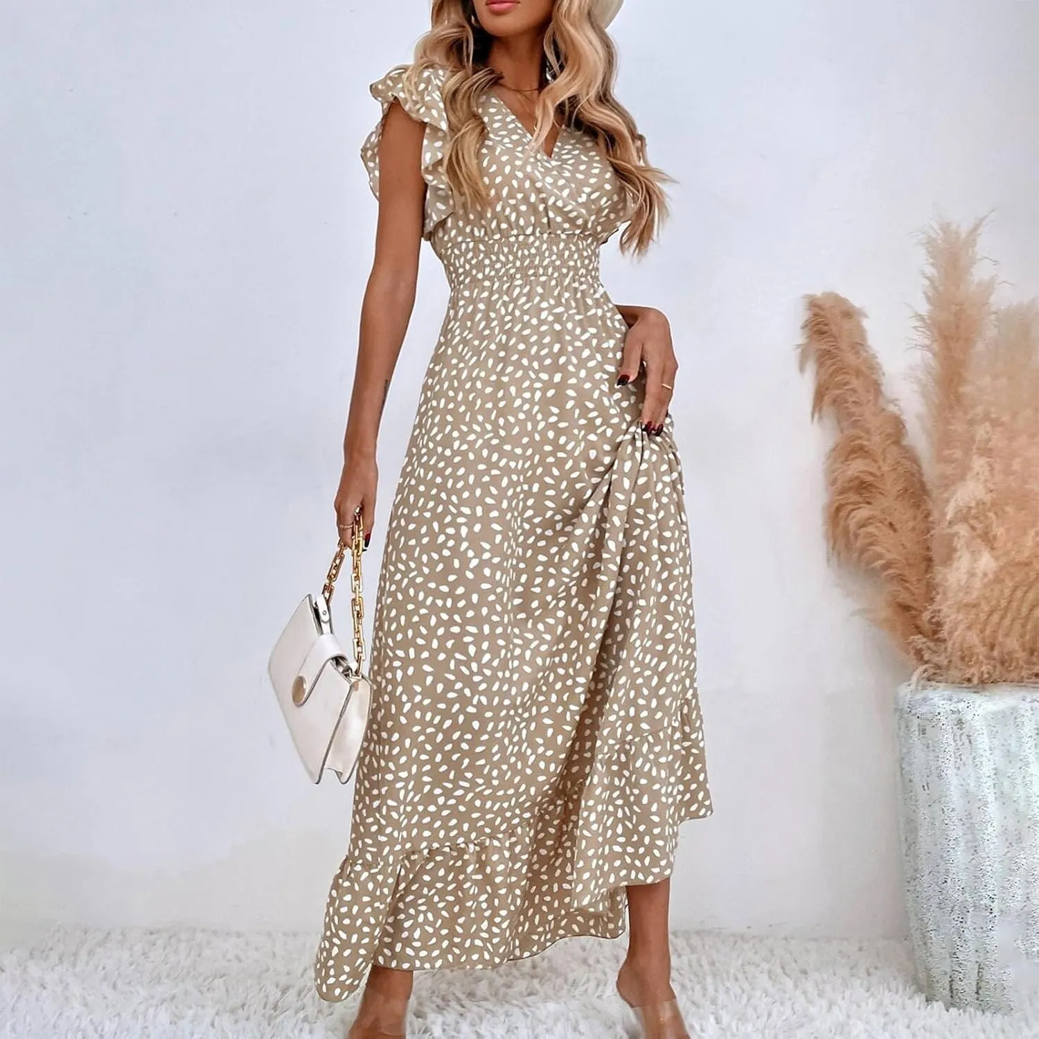 Boho Dresses for Women 2024 Summer Floral Print V Neck Maxi High Waist Wrap Dress Hawaiian Beach Flowy Dress
