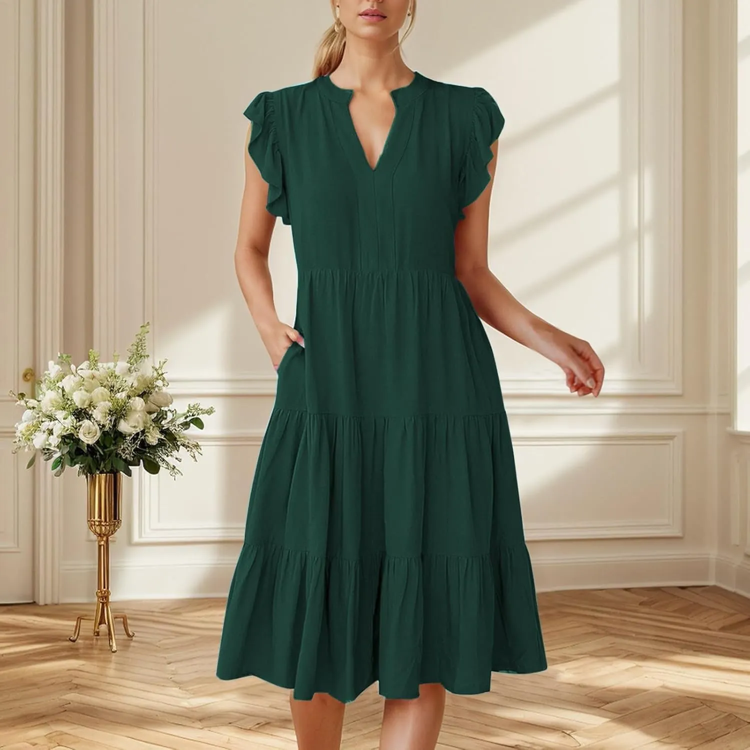 Boho Ruffle A Line Tiered Dress Wedding Guest Dress V Neck Flowy Summer Casual Midi Sundress for Women