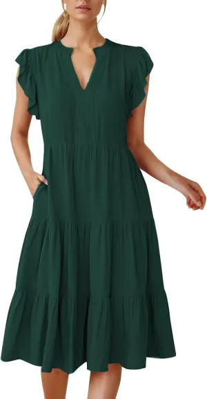 Boho Ruffle A Line Tiered Dress Wedding Guest Dress V Neck Flowy Summer Casual Midi Sundress for Women