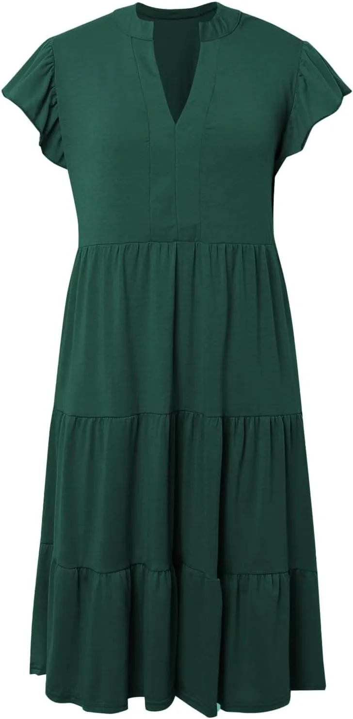Boho Ruffle A Line Tiered Dress Wedding Guest Dress V Neck Flowy Summer Casual Midi Sundress for Women