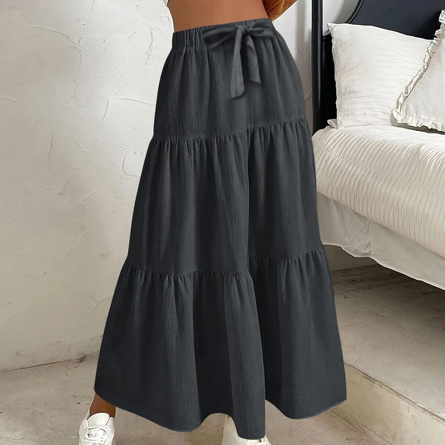 Boho Skirts Women Maxi Flowy Summer Skirts Tie Front High Waisted Tiered Long Skirts for Beach Vacation Cruise Wear