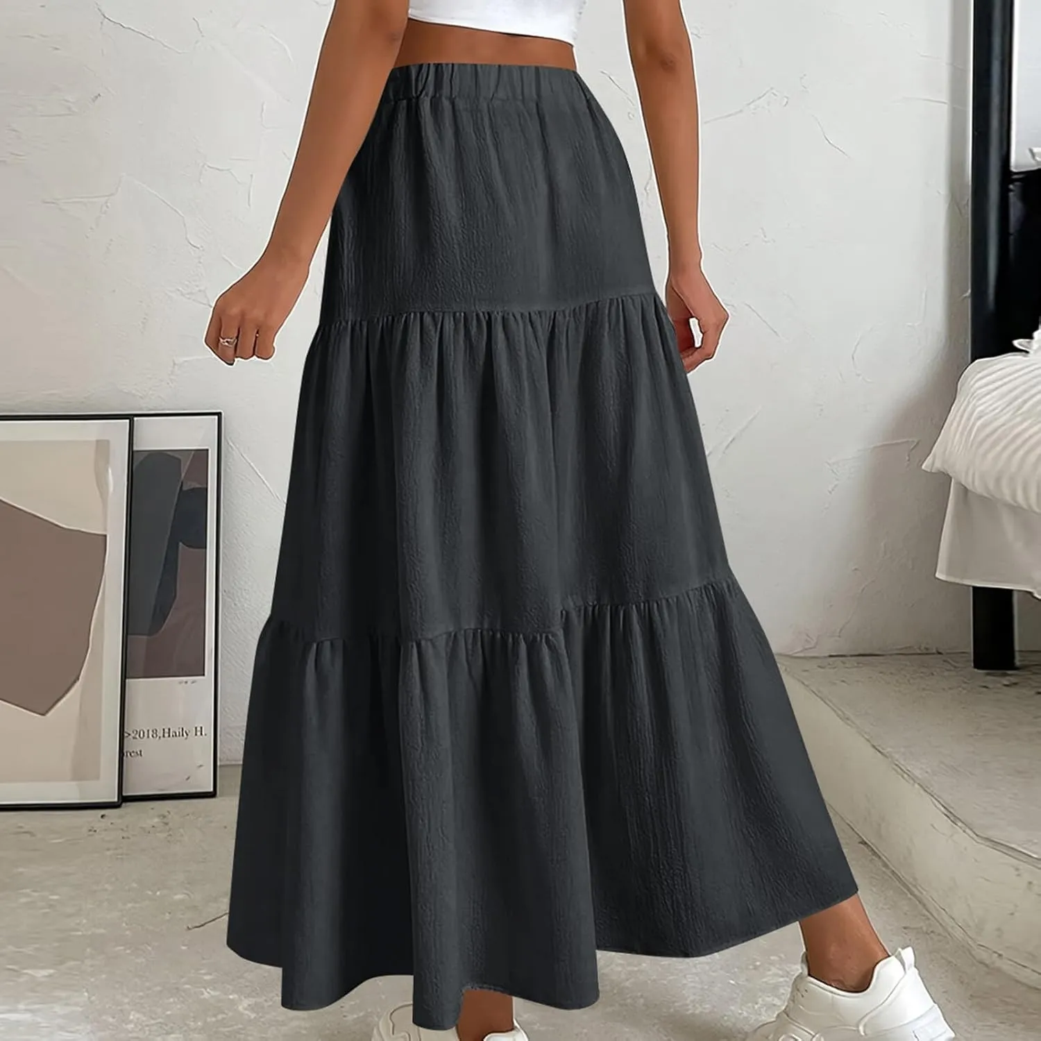 Boho Skirts Women Maxi Flowy Summer Skirts Tie Front High Waisted Tiered Long Skirts for Beach Vacation Cruise Wear