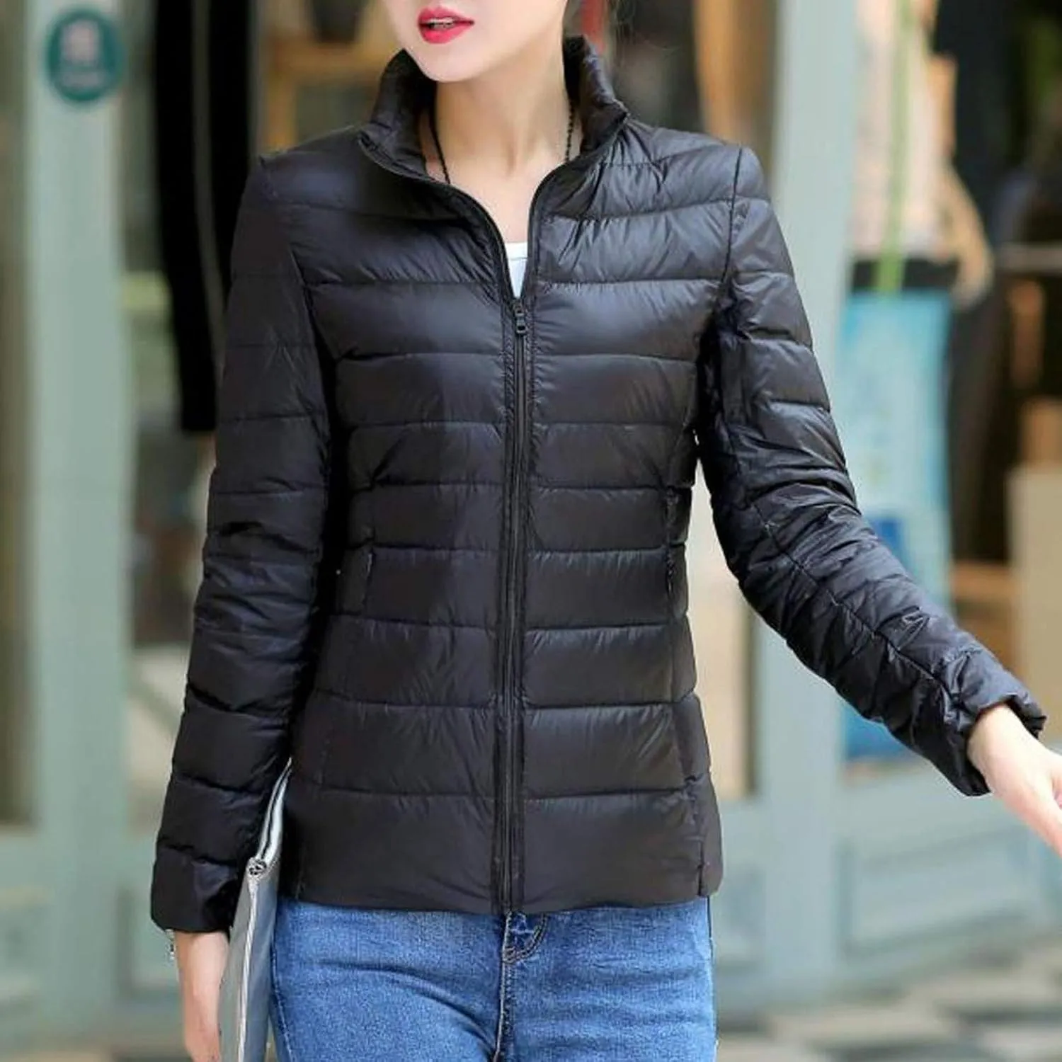BOXIACEY Winter Coats for Women Solid Packable Puffer Down Jackets Warm Parkas Stand Collar Long Sleeve Outwear with Pockets
