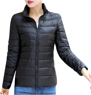 BOXIACEY Winter Coats for Women Solid Packable Puffer Down Jackets Warm Parkas Stand Collar Long Sleeve Outwear with Pockets