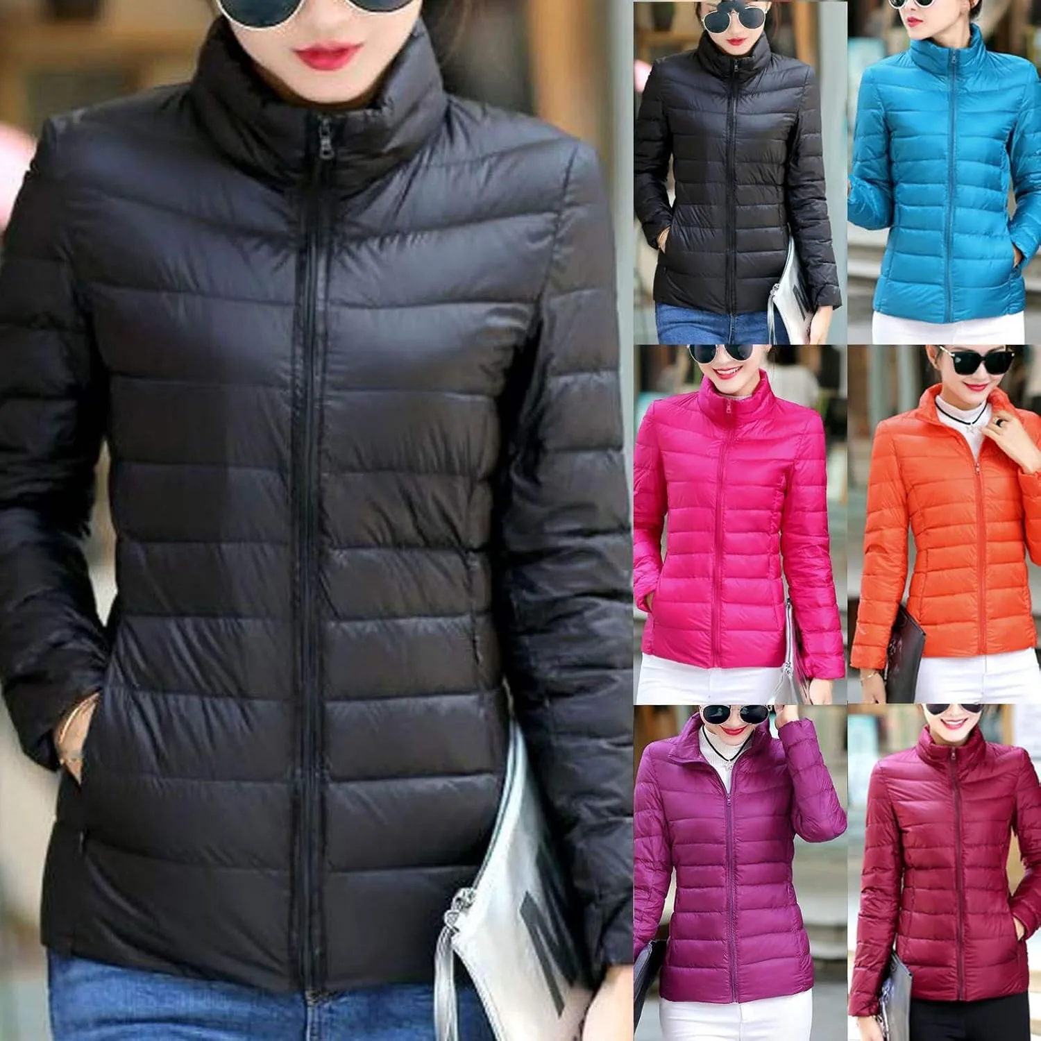 BOXIACEY Winter Coats for Women Solid Packable Puffer Down Jackets Warm Parkas Stand Collar Long Sleeve Outwear with Pockets