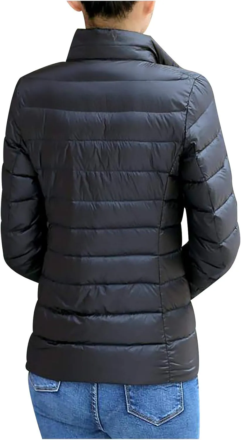 BOXIACEY Winter Coats for Women Solid Packable Puffer Down Jackets Warm Parkas Stand Collar Long Sleeve Outwear with Pockets