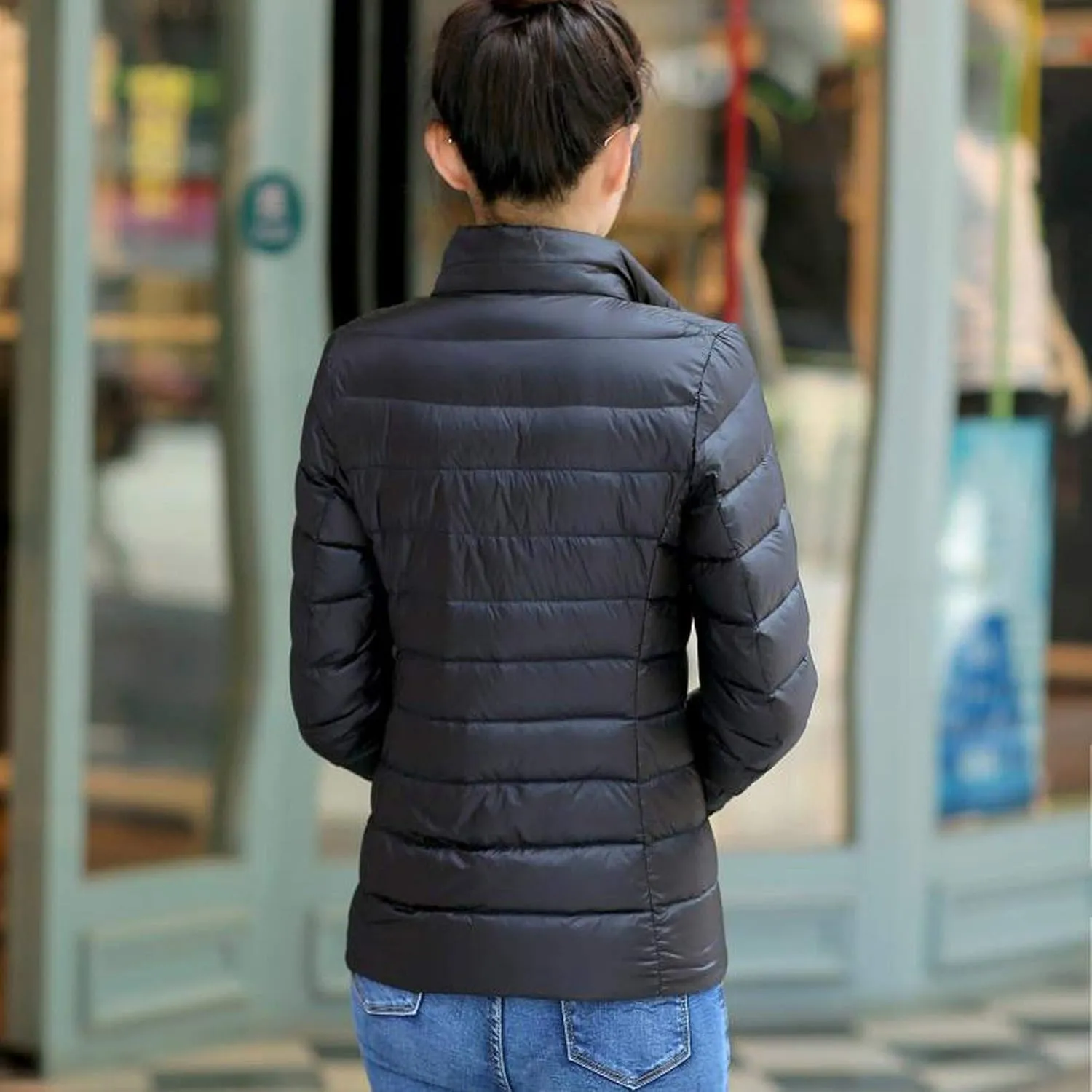 BOXIACEY Winter Coats for Women Solid Packable Puffer Down Jackets Warm Parkas Stand Collar Long Sleeve Outwear with Pockets