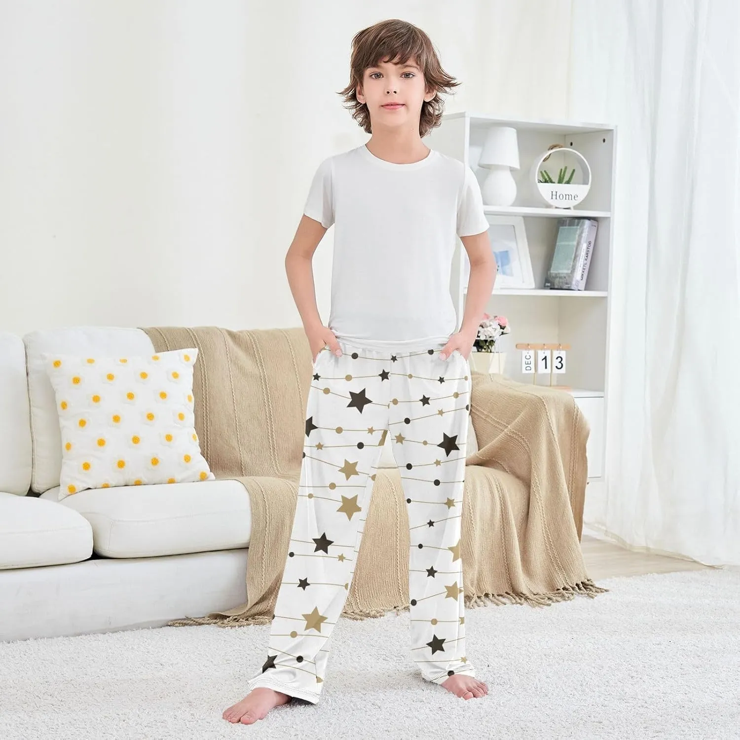 Boys' Pants Christmas Golden Snowflakes Stars Long Bottoms Jogger Pants Elastic Waist Trousers with Pockets S-XL