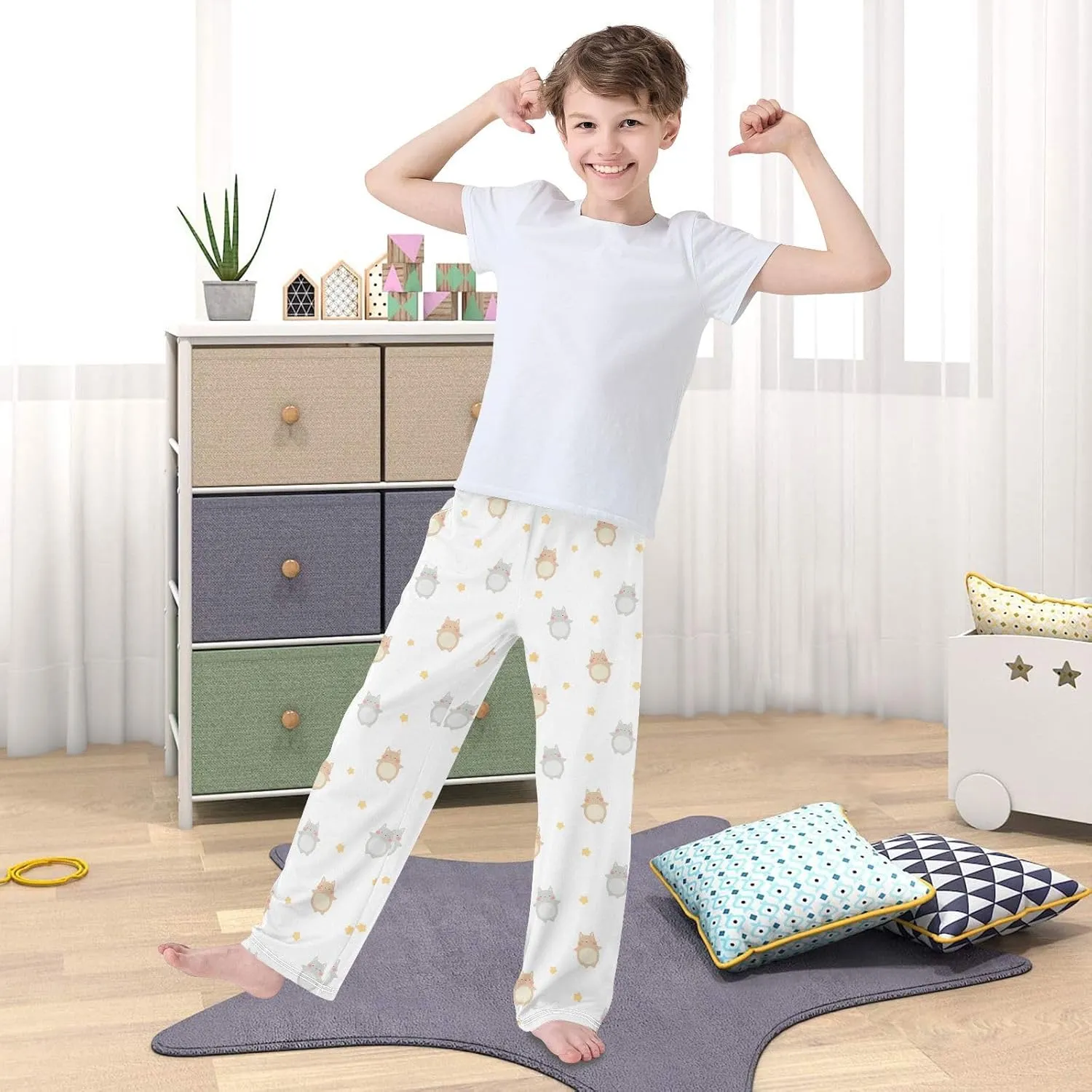Boys' Pants Cute Cat Stars Long Bottoms Jogger Pants Elastic Waist Trousers with Pockets S-XL