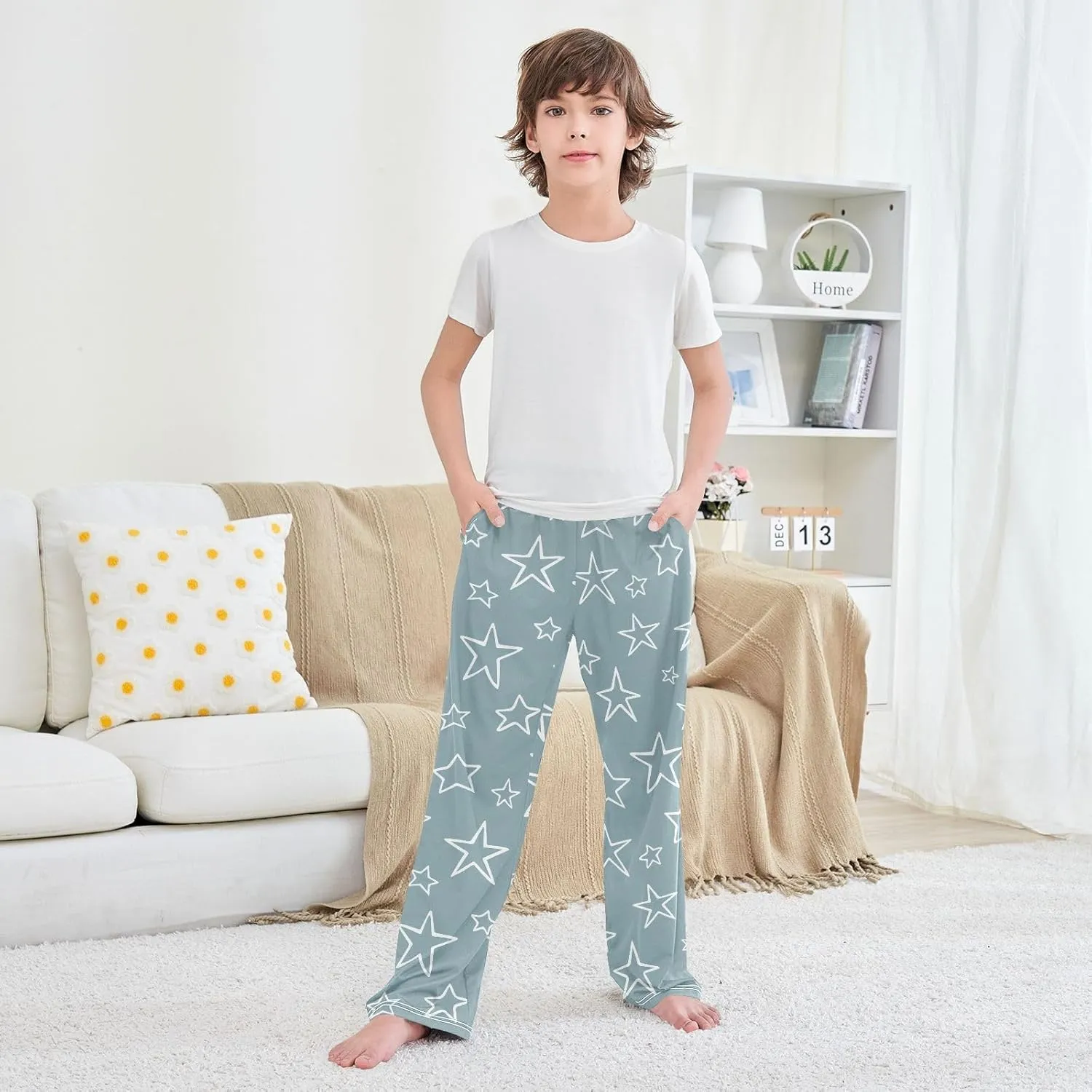 Boys' Pants Cute Stars White Doodle Long Bottoms Jogger Pants Elastic Waist Trousers with Pockets S-XL