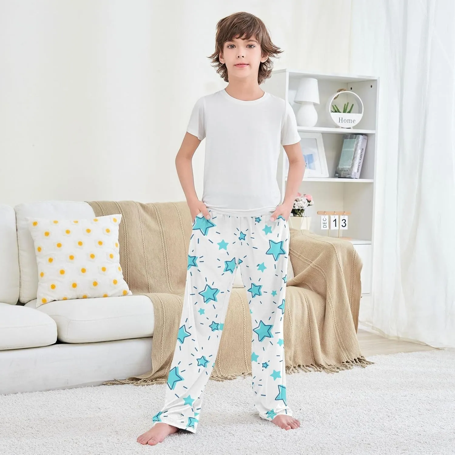 Boys' Pants Doodle Blue Stars Shining Rays White Long Bottoms Jogger Pants Elastic Waist Trousers with Pockets S-XL