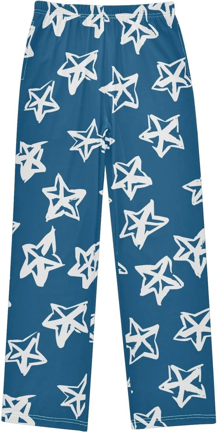 Boys' Pants Doodle Brush White Stars Blue Long Bottoms Jogger Pants Elastic Waist Trousers with Pockets S-XL