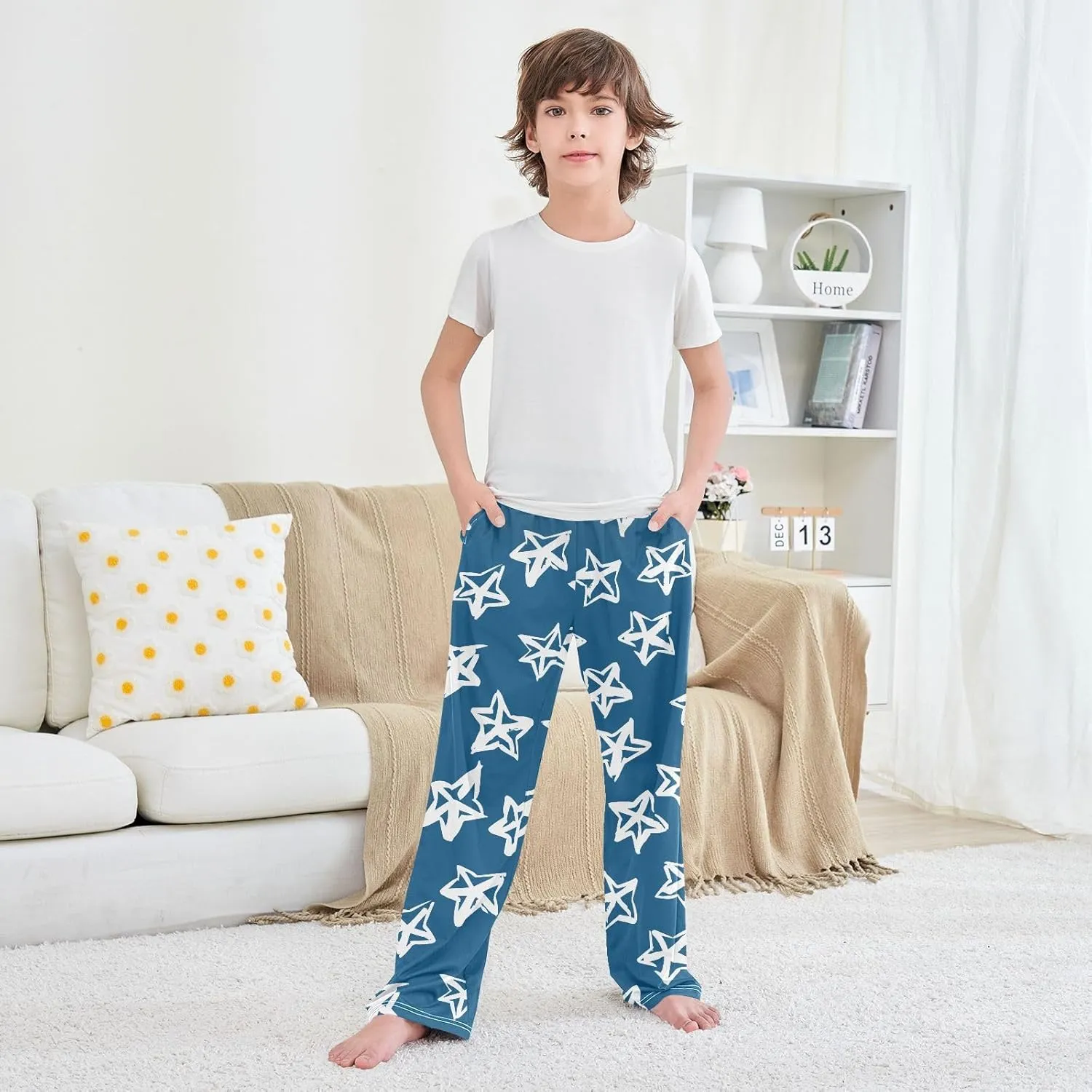 Boys' Pants Doodle Brush White Stars Blue Long Bottoms Jogger Pants Elastic Waist Trousers with Pockets S-XL