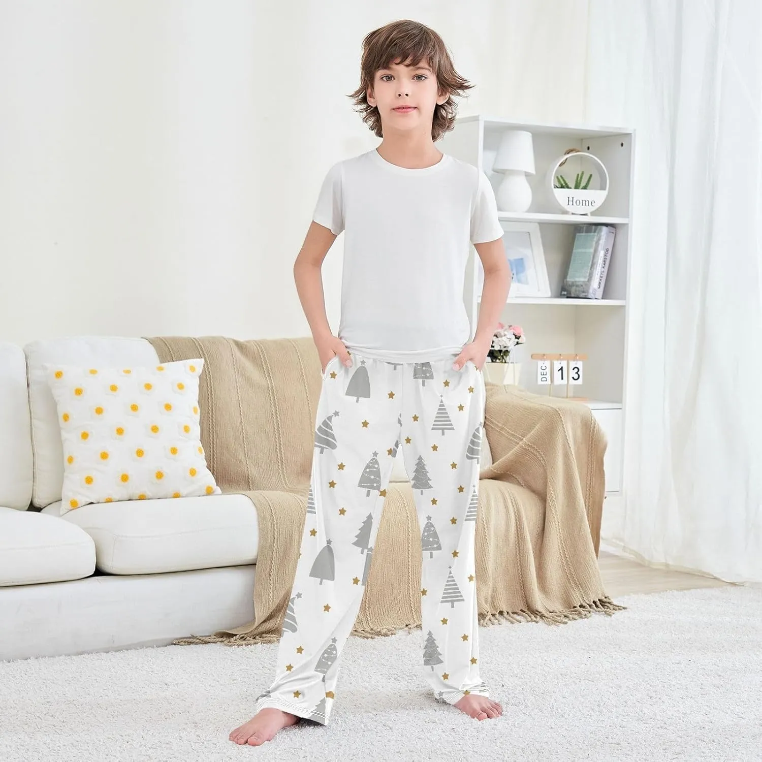 Boys' Pants Grey Christmas Tree Gold Stars Long Bottoms Jogger Pants Elastic Waist Trousers with Pockets S-XL