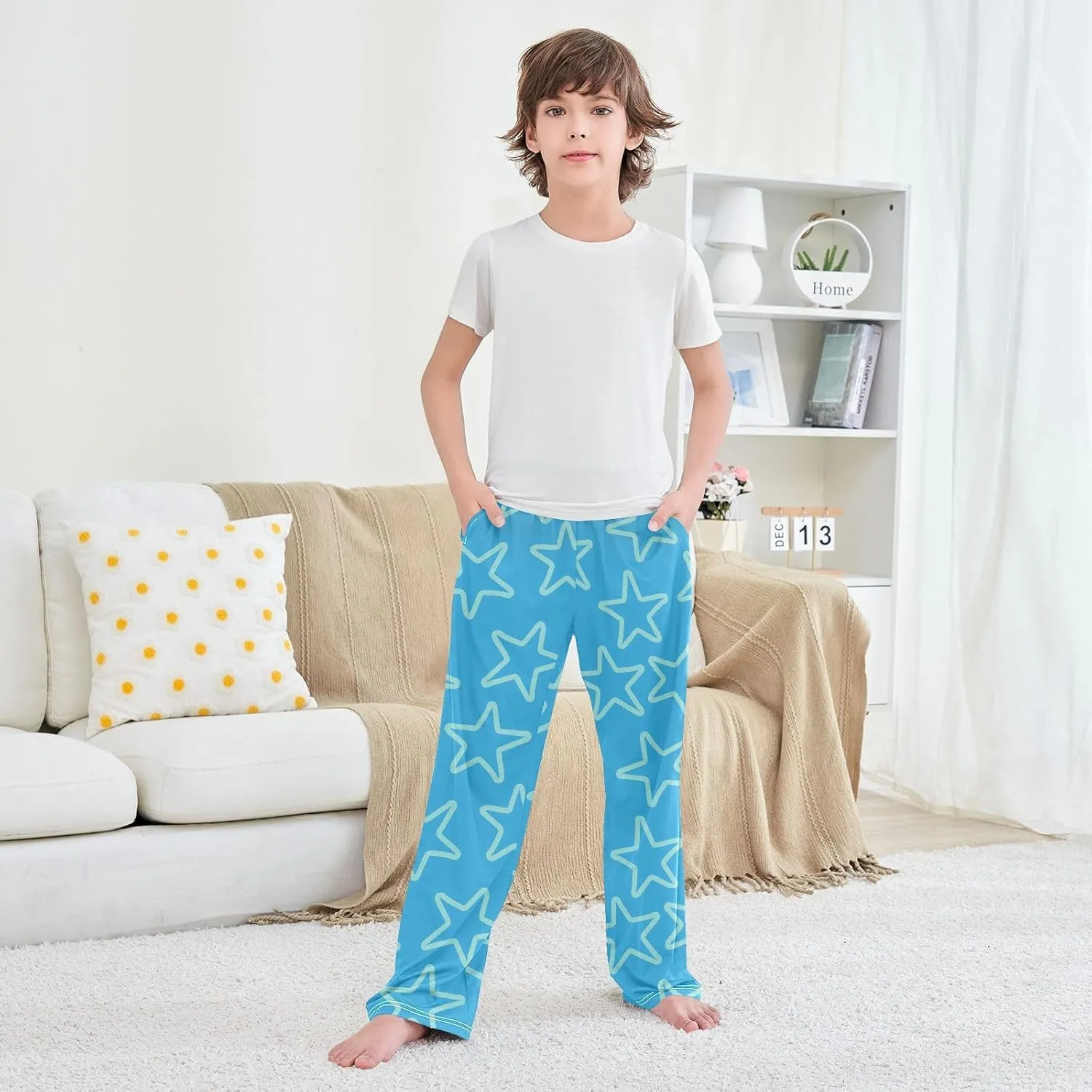 Boys' Pants Light Blue Doodle Stars Blue Long Bottoms Jogger Pants Elastic Waist Trousers with Pockets S-XL