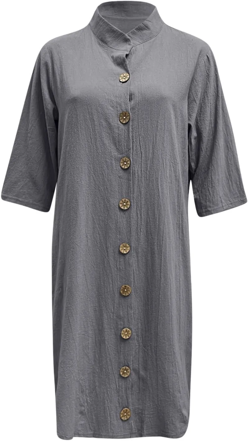 Button Down Shirt Dresses for Women 2025 Summer Casual Midi Sleeve Dress Loose Beach Cover Up Dressy with Pockets