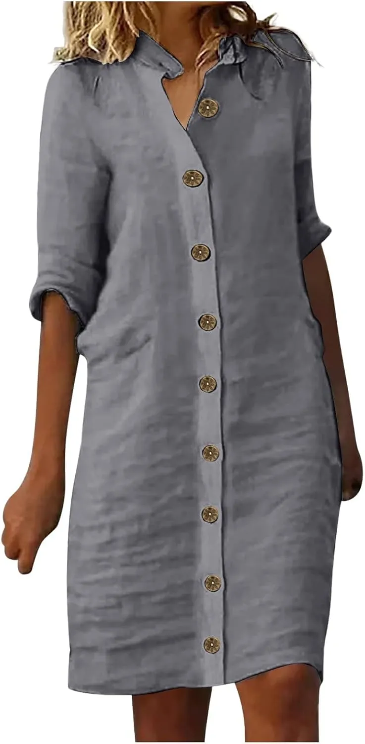 Button Down Shirt Dresses for Women 2025 Summer Casual Midi Sleeve Dress Loose Beach Cover Up Dressy with Pockets