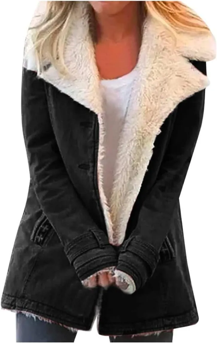 Canbebig Sherpa Jean Jacket Women Plus Size Winter Warm Fleece Lined Denim Coats Lapel Thicker Faux Fur Outerwear with Pocket