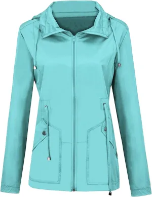 Canbebig Women Lightweight Waterproof Rain Jacket Hooded Drawstring Raincoats Active Outdoor Travel Hiking Windbreaker Pocket