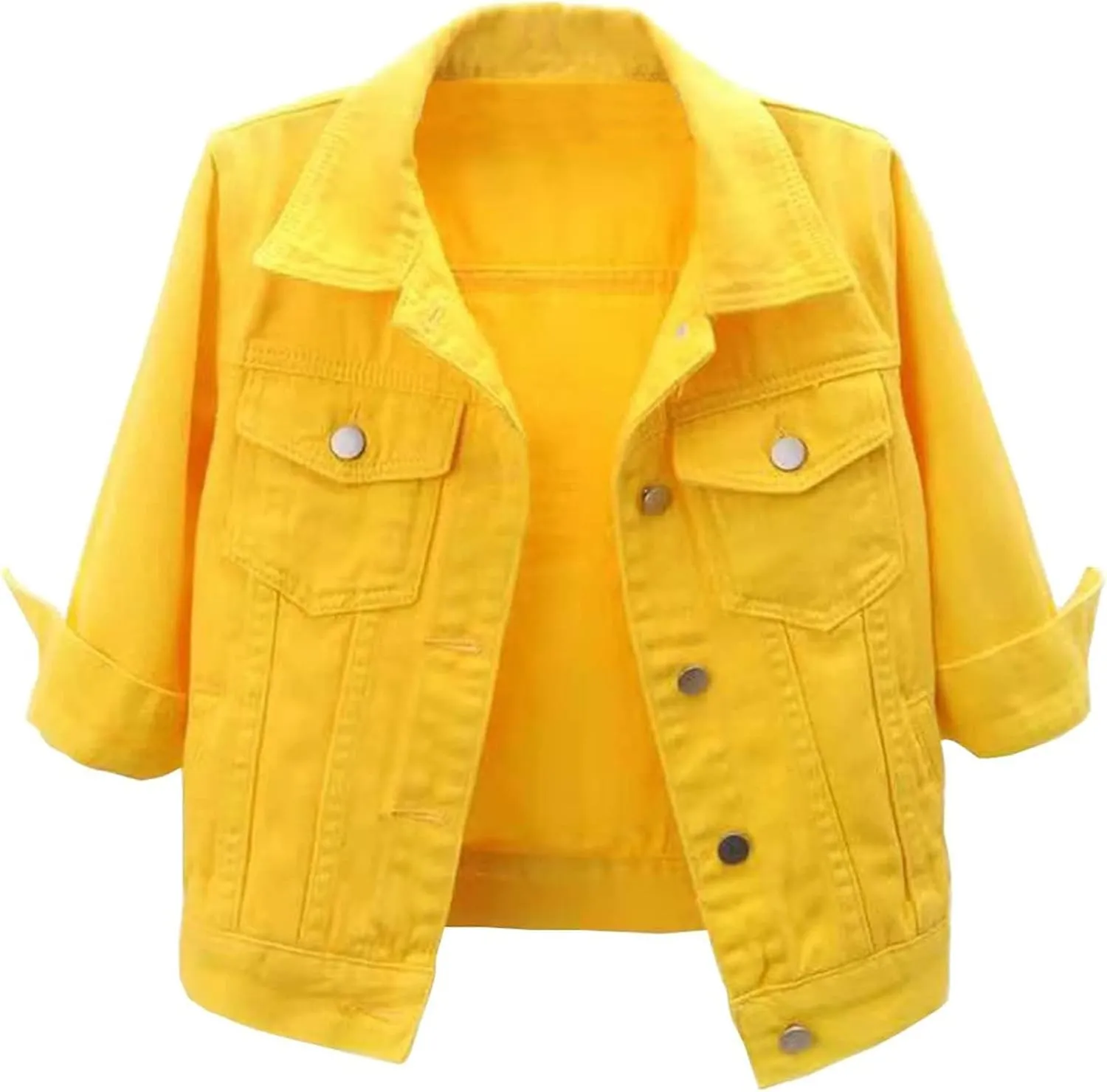 Canbebig Women's Jean Jackets 3/4Sleeve Lapel Denim Jackets Crop Button Down Jean Jackets Trucker Jean Jackets with Pockets
