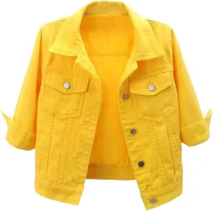 Canbebig Women's Jean Jackets 3/4Sleeve Lapel Denim Jackets Crop Button Down Jean Jackets Trucker Jean Jackets with Pockets