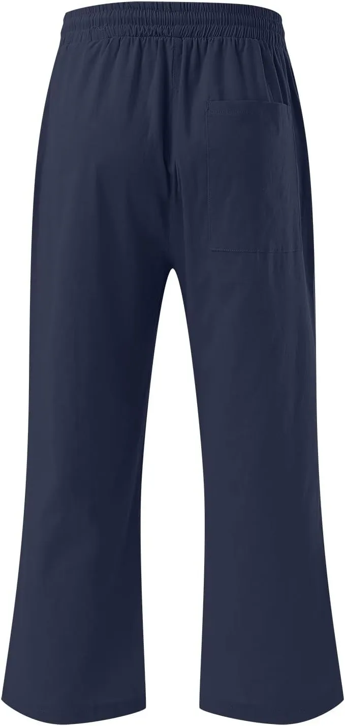 Capris Pants for Women Casual Summer 2025 Cotton Linen Trendy Drawstring Elastic Wide Leg Cropped Trouser
