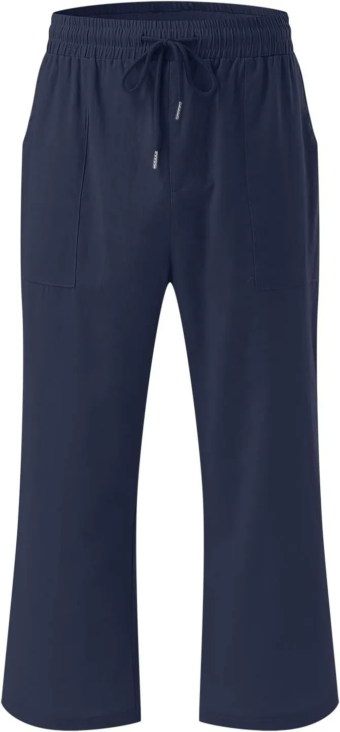Capris Pants for Women Casual Summer 2025 Cotton Linen Trendy Drawstring Elastic Wide Leg Cropped Trouser