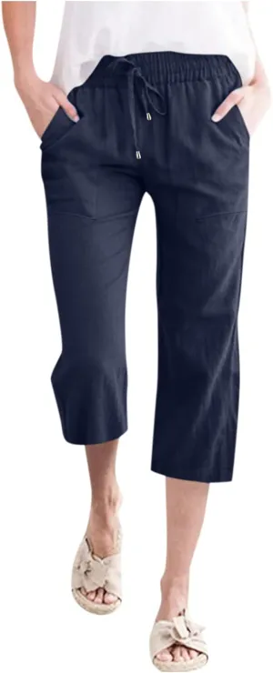 Capris Pants for Women Casual Summer 2025 Cotton Linen Trendy Drawstring Elastic Wide Leg Cropped Trouser