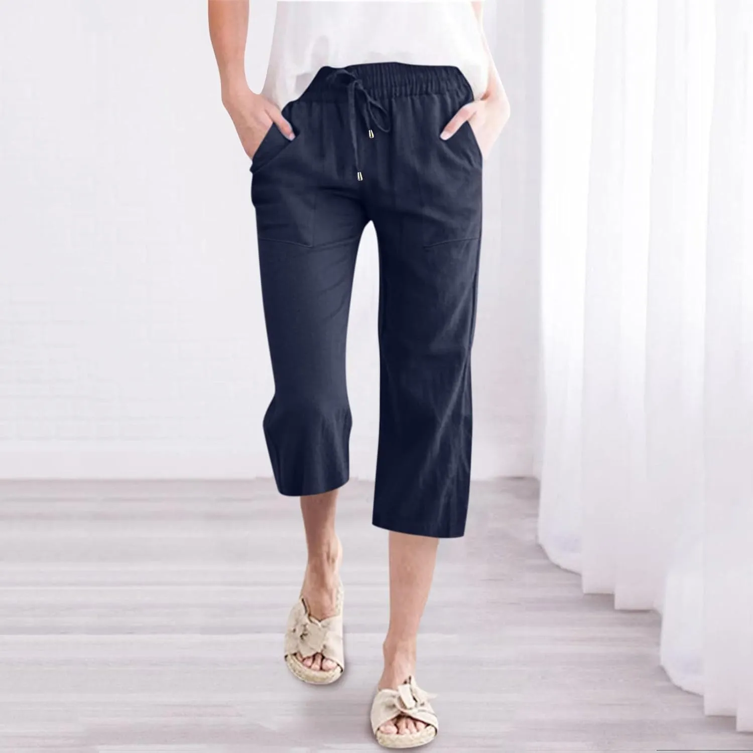 Capris Pants for Women Casual Summer 2025 Cotton Linen Trendy Drawstring Elastic Wide Leg Cropped Trouser