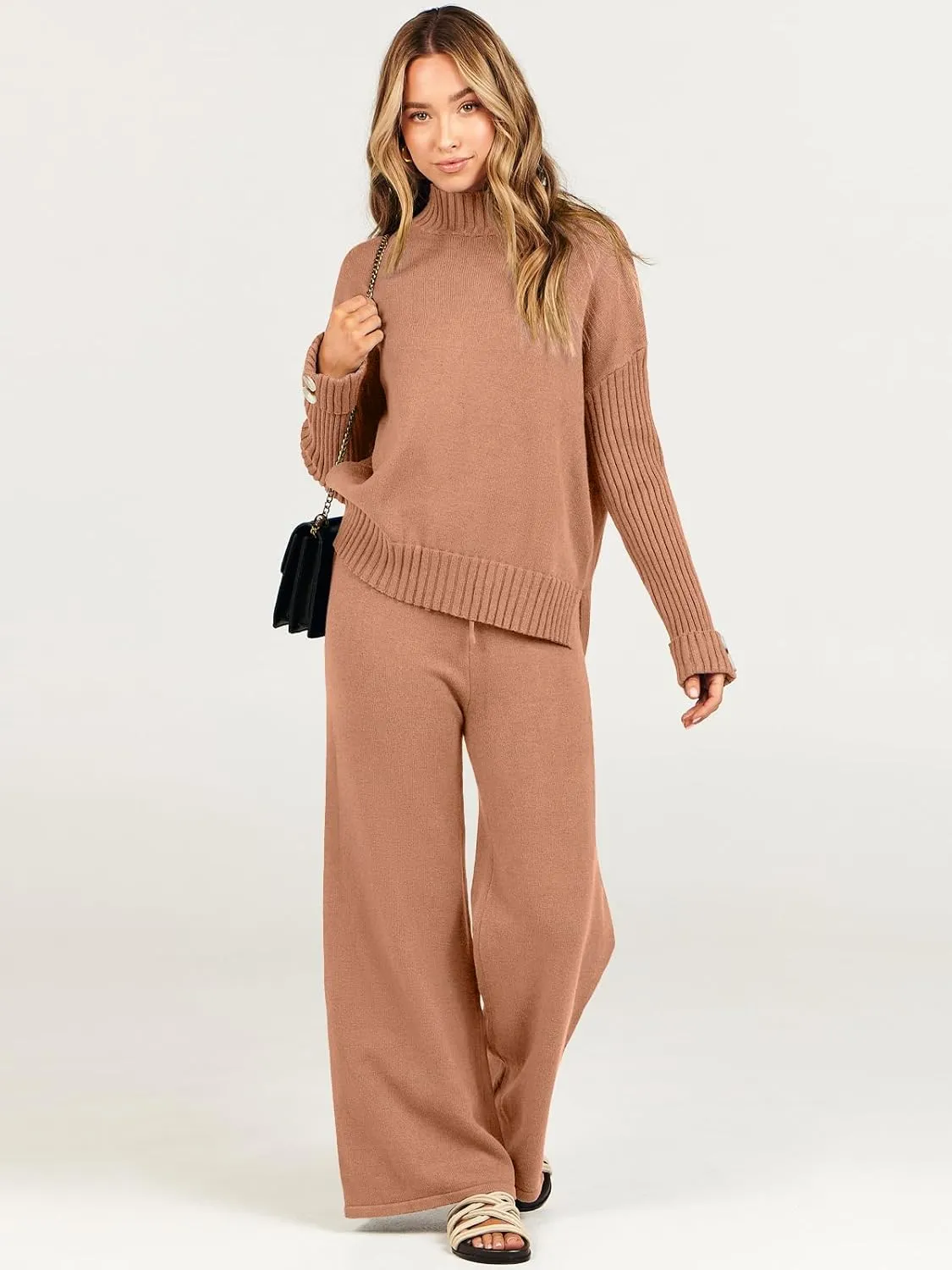 Caracilia Womens 2 Piece Sweater Set Knit Pullover Wide Leg Pants Lounge Matching Sets 2024 Fall Fashion Travel Outfits