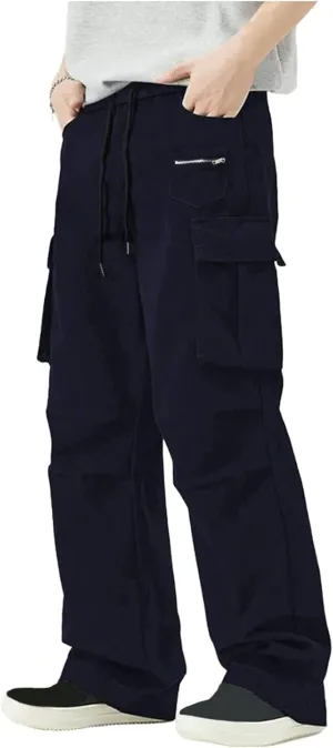 Cargo Pants Men Loose Fit Multi Pocket Bottoms Elastic Waist Straight Leg Tactical Workwear Adventure