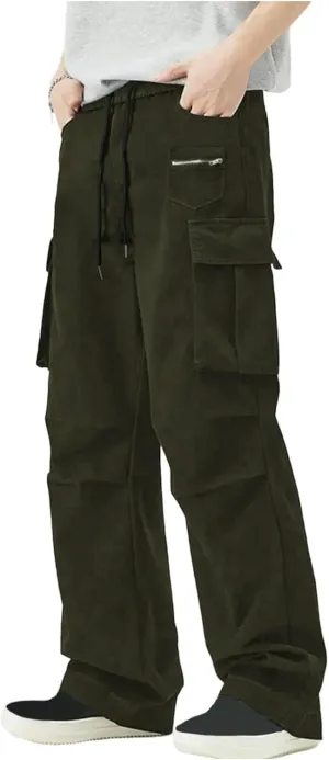 Cargo Pants Men Loose Fit Multi Pocket Bottoms Elastic Waist Straight Leg Tactical Workwear Adventure