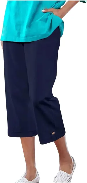 Casual Capris for Women Vintage Elastic Waist Below-Knee Shorts Loose Fit Straight-Leg Office Work 7/8 Pants