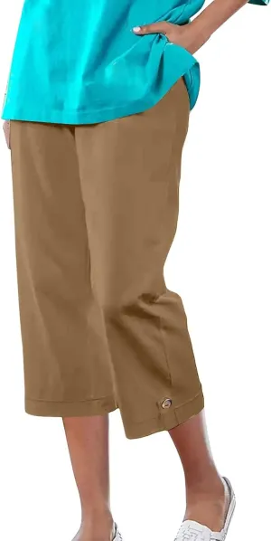 Casual Capris for Women Vintage Elastic Waist Below-Knee Shorts Loose Fit Straight-Leg Office Work 7/8 Pants