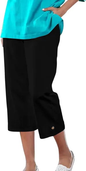 Casual Capris for Women Vintage Elastic Waist Below-Knee Shorts Loose Fit Straight-Leg Office Work 7/8 Pants