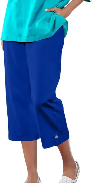 Casual Capris for Women Vintage Elastic Waist Below-Knee Shorts Loose Fit Straight-Leg Office Work 7/8 Pants