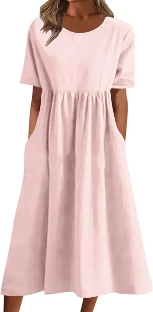 Casual Dresses for Women Cotton Crew Neck Short Sleeve Patchwork Pleated Vacation Dress Wedding Guest Fitted Rave Outfits