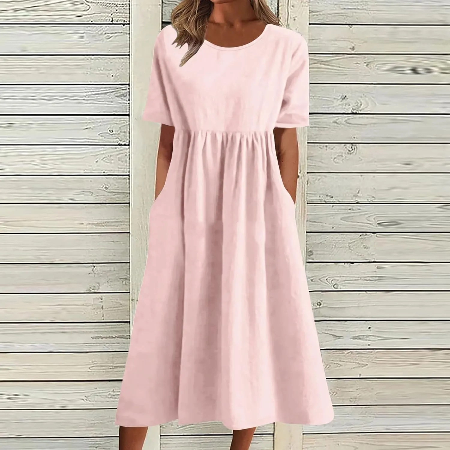 Casual Dresses for Women Cotton Crew Neck Short Sleeve Patchwork Pleated Vacation Dress Wedding Guest Fitted Rave Outfits