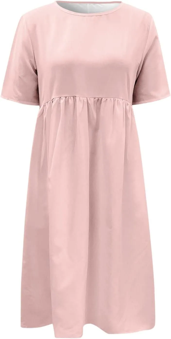 Casual Dresses for Women Cotton Crew Neck Short Sleeve Patchwork Pleated Vacation Dress Wedding Guest Fitted Rave Outfits