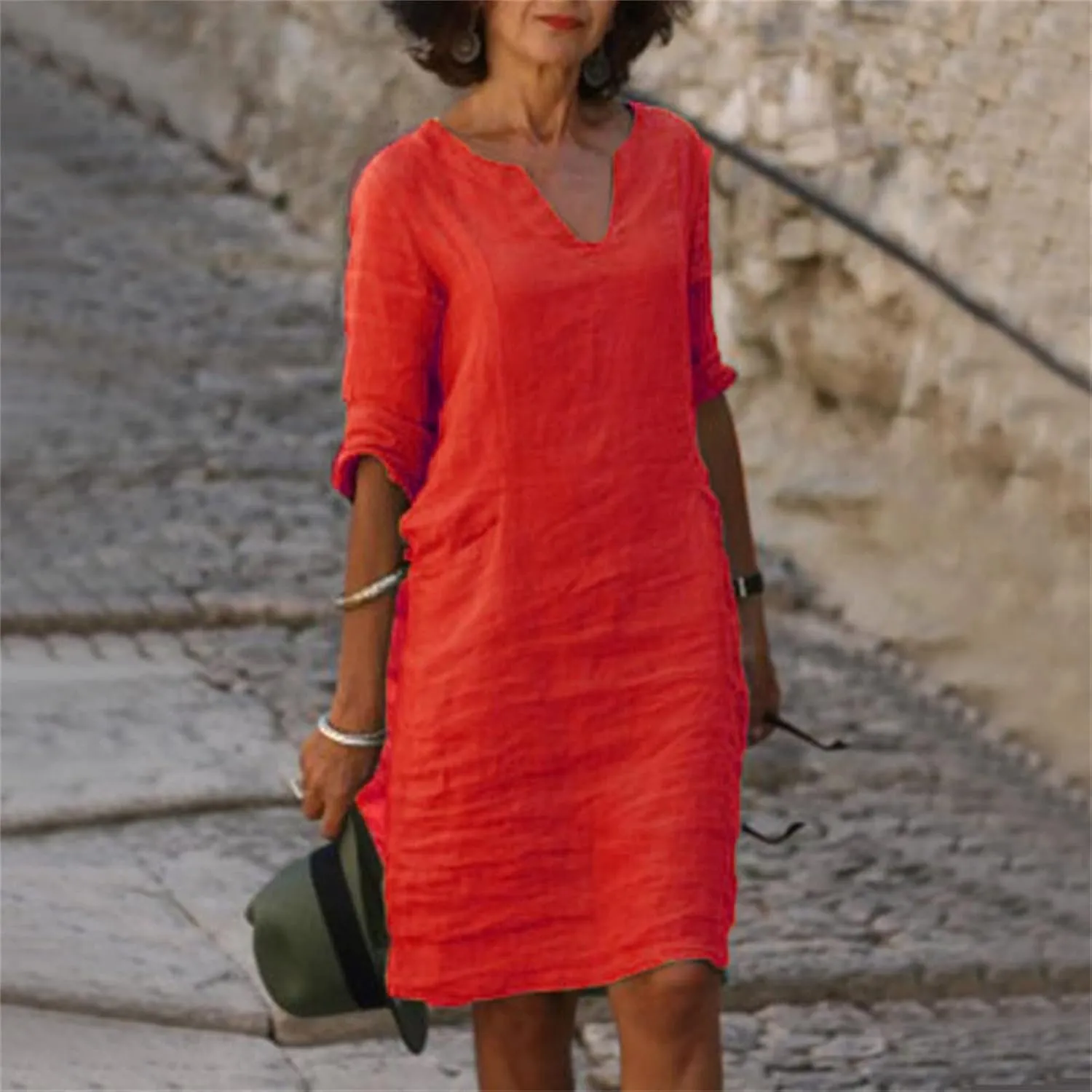 Casual Dresses for Women Cotton Linen V-Neck Half Sleeve Short Summer Dresses Elegant Solid Vintage Womens Dresses