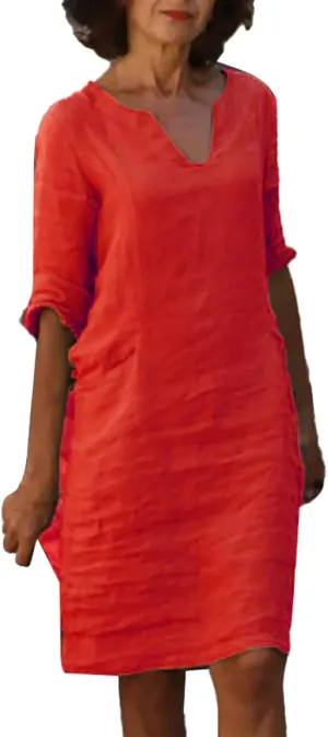 Casual Dresses for Women Cotton Linen V-Neck Half Sleeve Short Summer Dresses Elegant Solid Vintage Womens Dresses