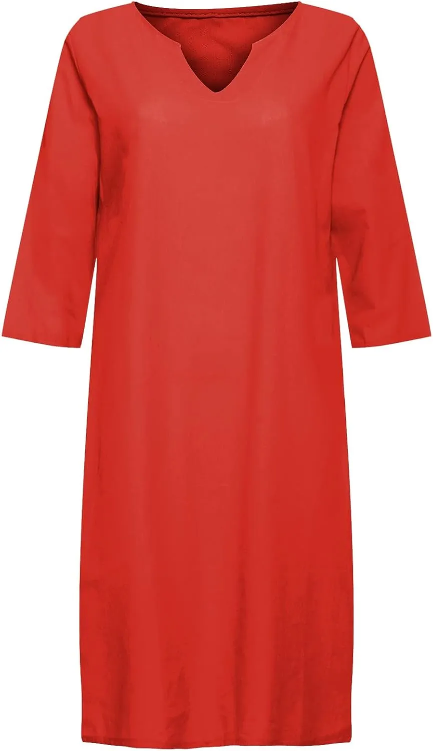 Casual Dresses for Women Cotton Linen V-Neck Half Sleeve Short Summer Dresses Elegant Solid Vintage Womens Dresses