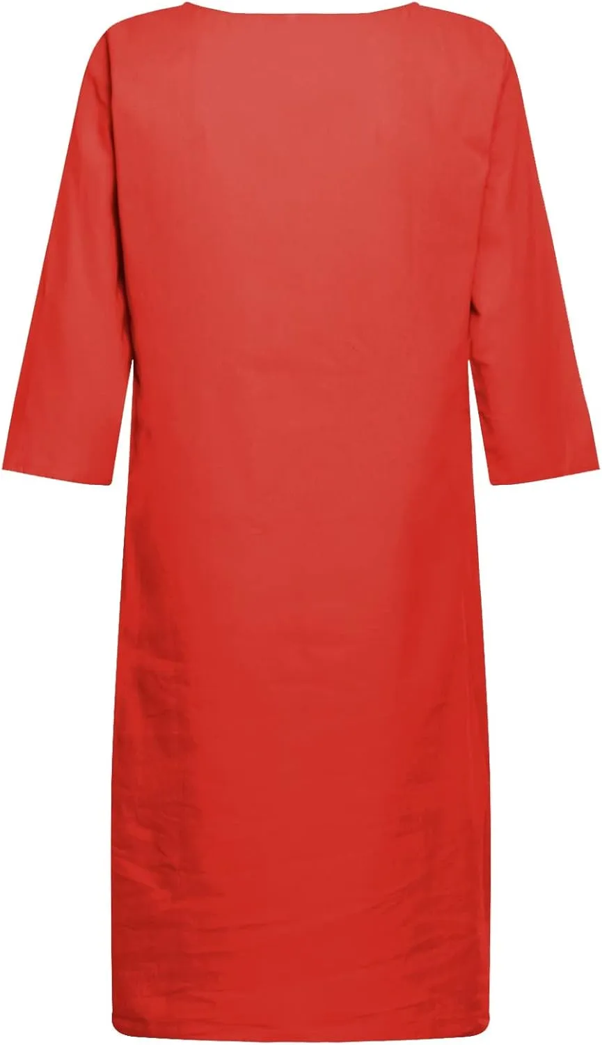 Casual Dresses for Women Cotton Linen V-Neck Half Sleeve Short Summer Dresses Elegant Solid Vintage Womens Dresses