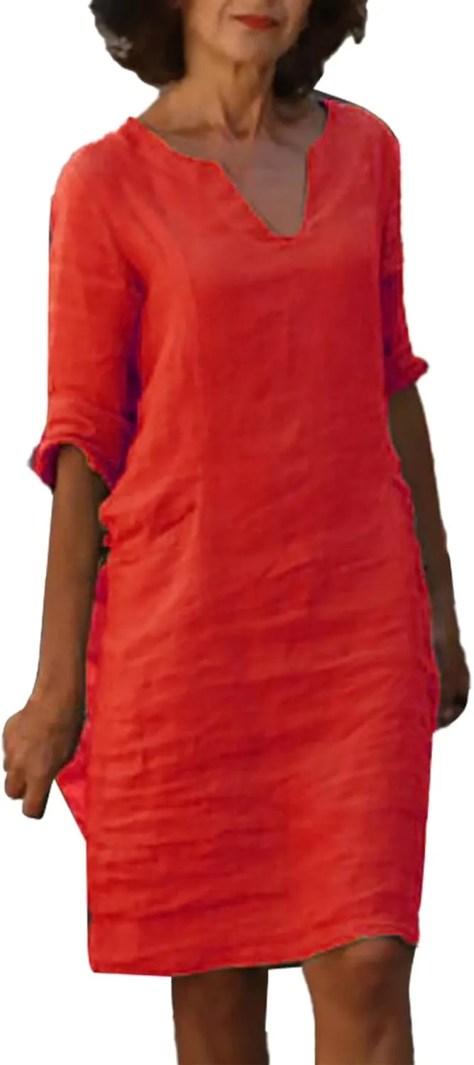 Casual Dresses for Women Cotton Linen V-Neck Half Sleeve Short Summer Dresses Elegant Solid Vintage Womens Dresses