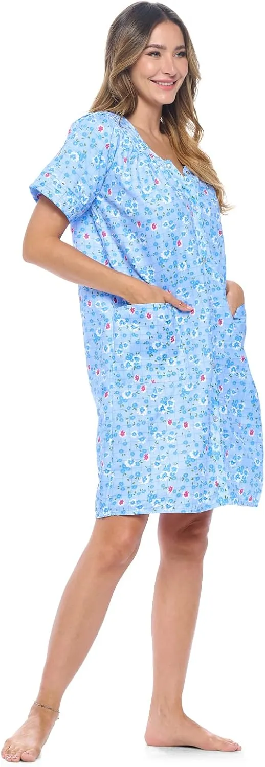 Casual Nights Women's Snap - Front House Dress Short Sleeve Woven Housecoat Duster Lounger Robe with Pockets