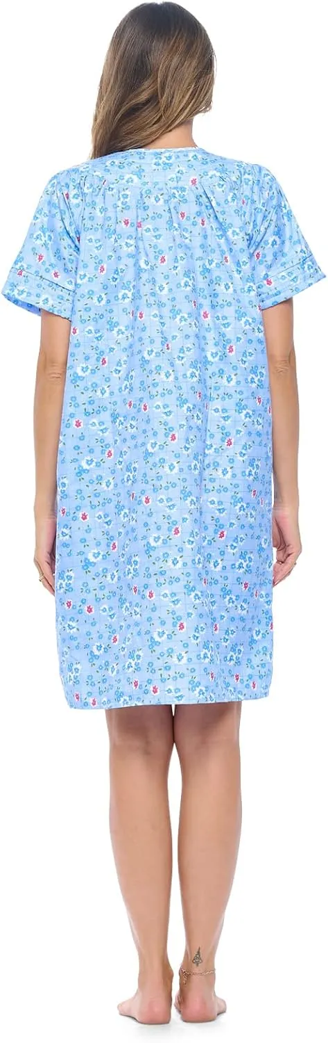 Casual Nights Women's Snap - Front House Dress Short Sleeve Woven Housecoat Duster Lounger Robe with Pockets
