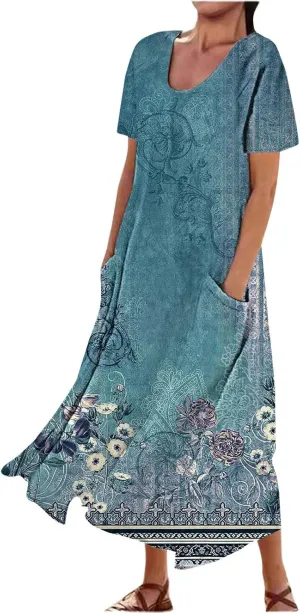 Casual Summer Boho Dress Sleeveless V Neck Flowy Tiered Ruffle Beach Maxi Sundress with Pockets Elastic Waist